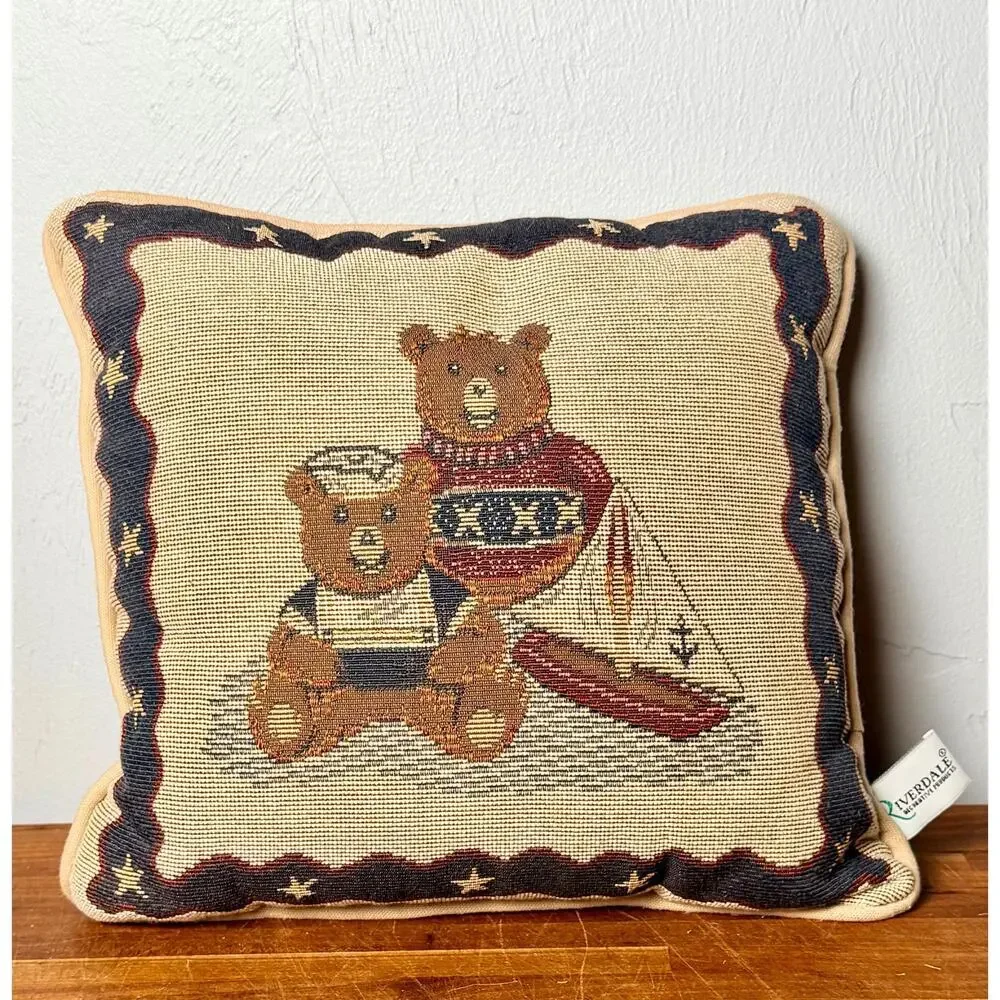 Vintage Riverdale Teddy Bear Tapestry Pillow Nautical Sailboat Americana Coastal
